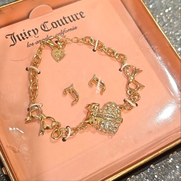 Juicy Couture Rhinestone Heart Bracelet Chain Bracelet & J Logo Earrings - Picture 3 of 7